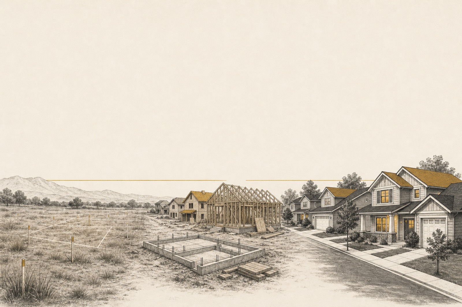 Illustration of vacant land becoming foundations, framing, and finished homes